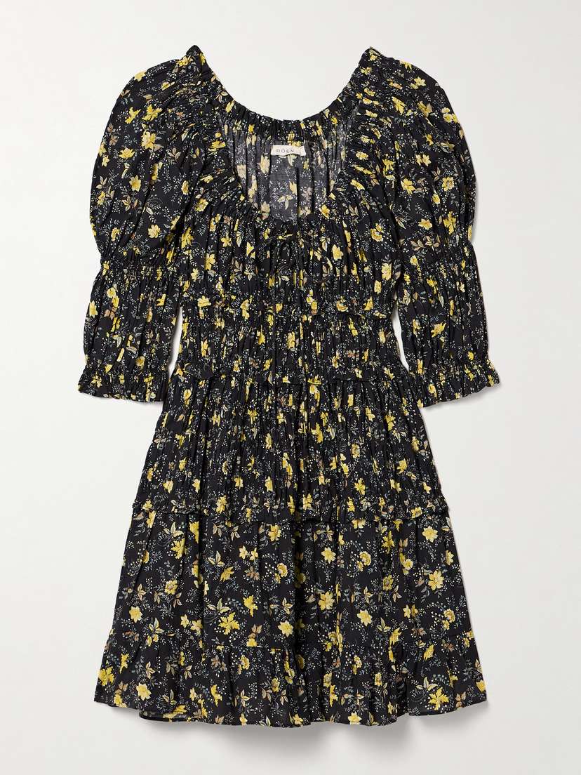DÔEN Ismene Shirred Floral-print Organic Cotton-blend Voile Mini Dress
