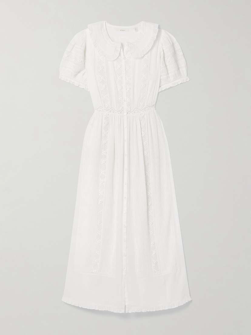 DÔEN Phoebe Lace-trimmed Pintucked Organic Cotton-voile Midi Shirt Dress