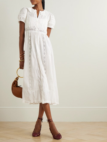 Dôen Phoebe lace-trimmed pintucked organic cotton-voile midi shirt dress