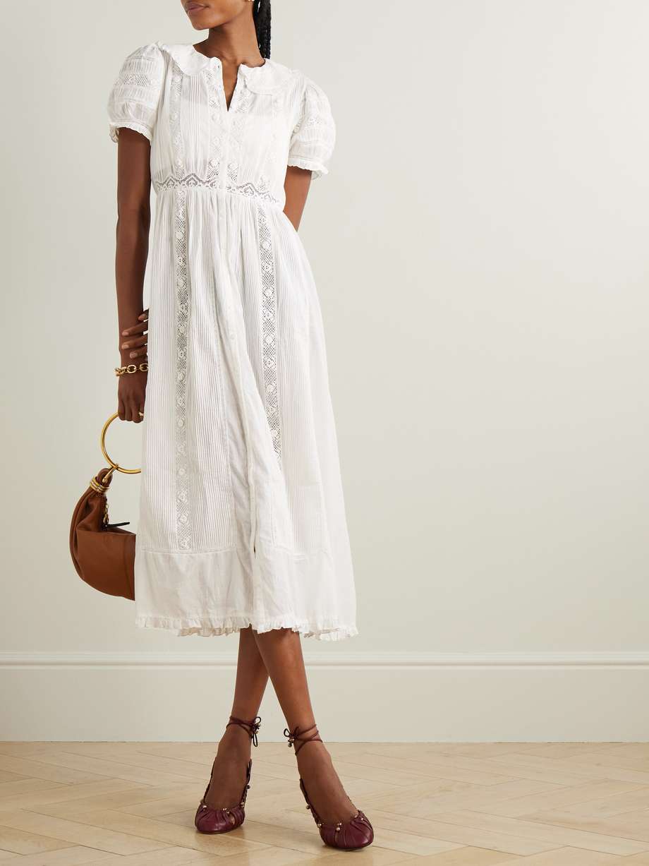 phoebe lace-trimmed pintucked organic cotton-voile midi shirt dress