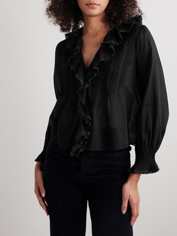 Dôen Hardy lace-trimmed ruffled pintucked organic cotton-voile blouse