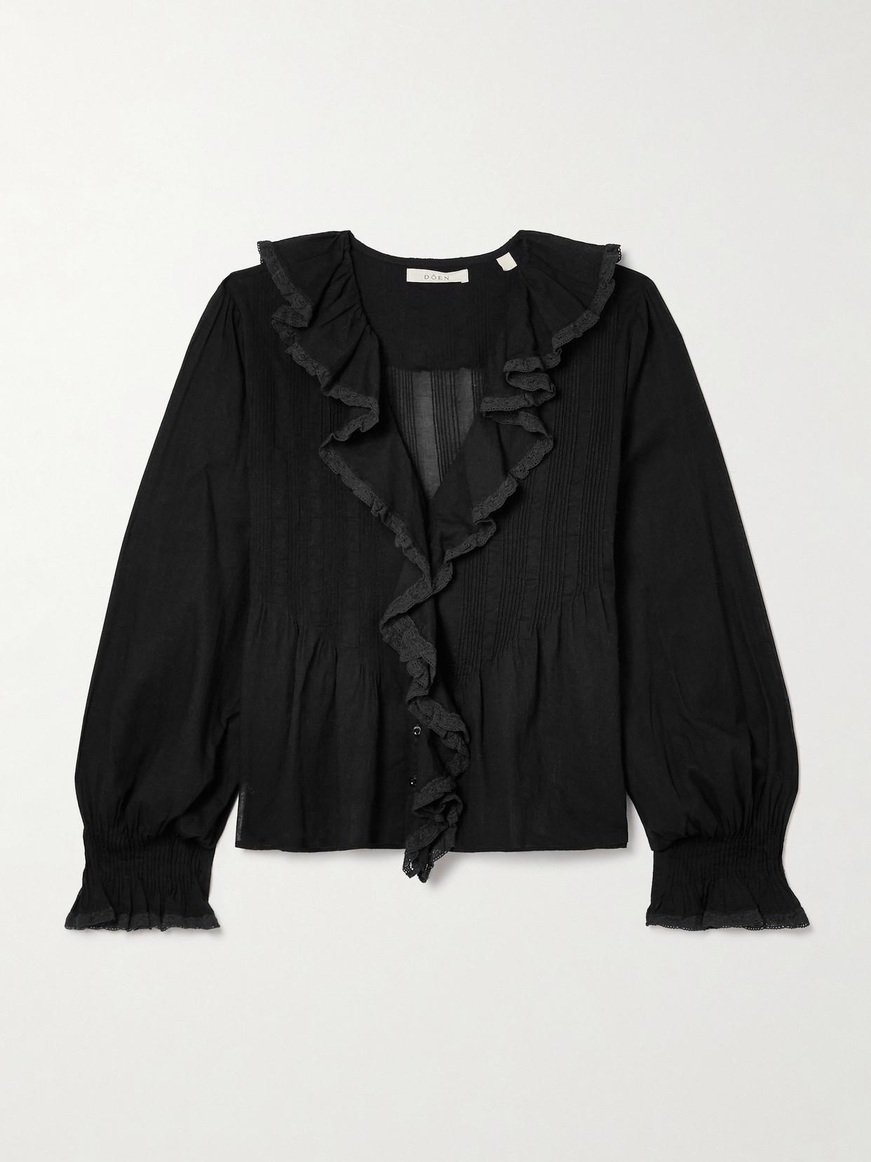 Doen Hardy Lace-trimmed Ruffled Pintucked Organic Cotton-voile Blouse In Black