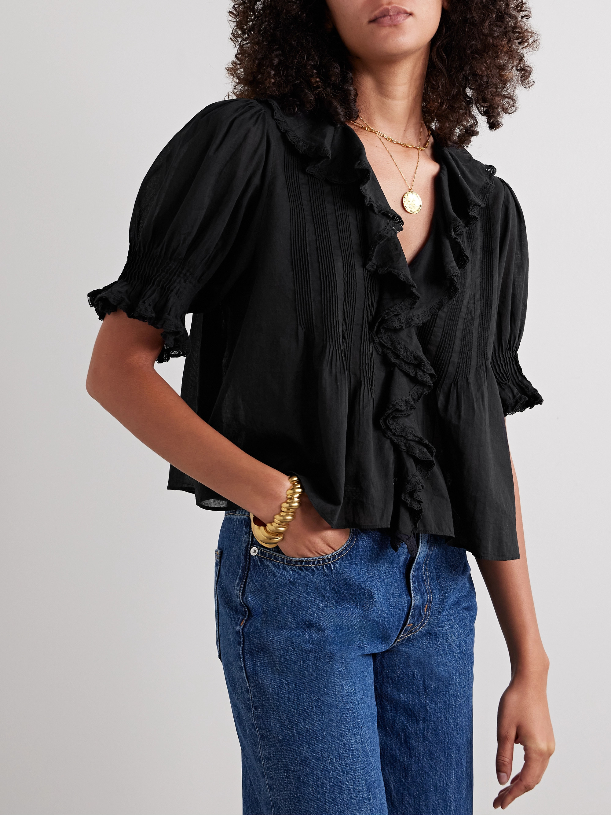 Dôen Henri ruffled pintucked lace-trimmed organic cotton-voile blouse