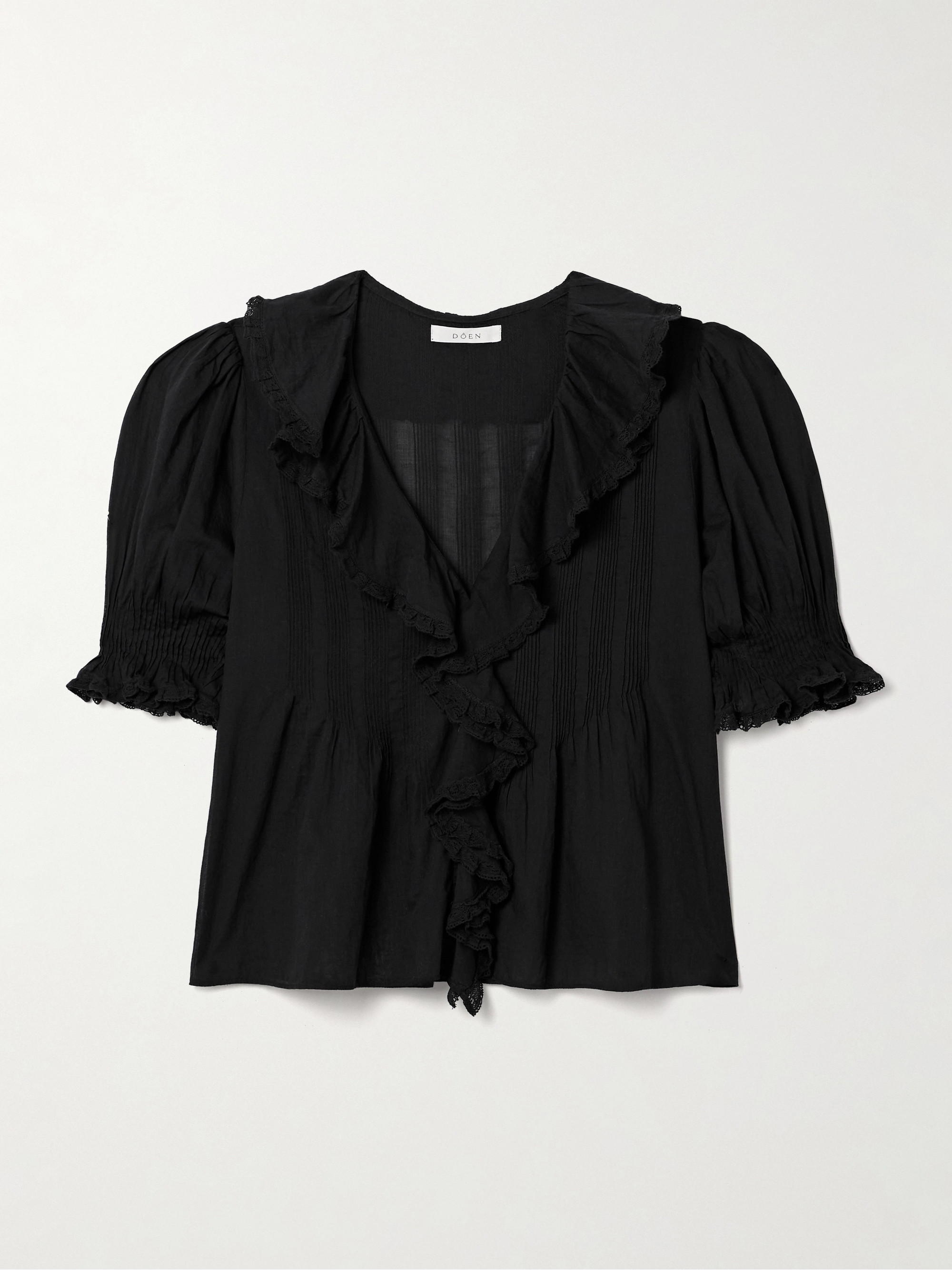 Dôen Henri ruffled pintucked lace-trimmed organic cotton-voile blouse