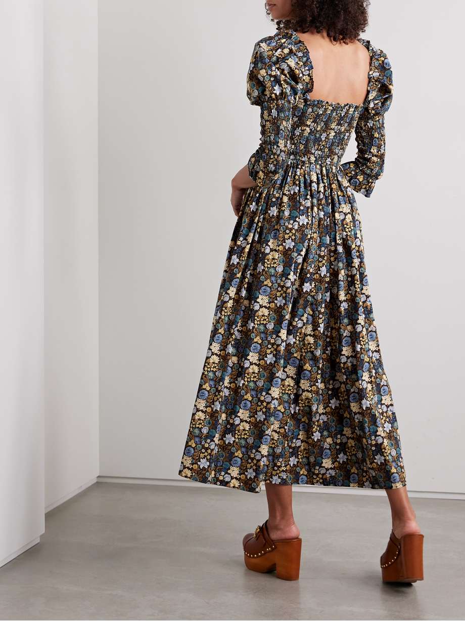 bijou shirred floral-print organic cotton-voile midi dress