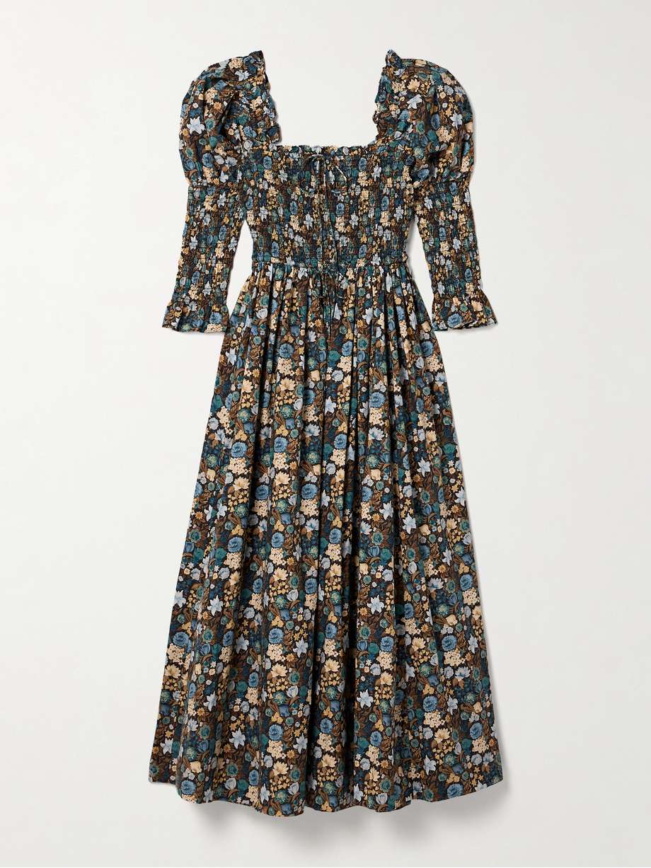 bijou shirred floral-print organic cotton-voile midi dress