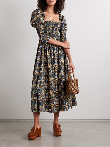 Dôen Bijou shirred floral-print organic cotton-voile midi dress