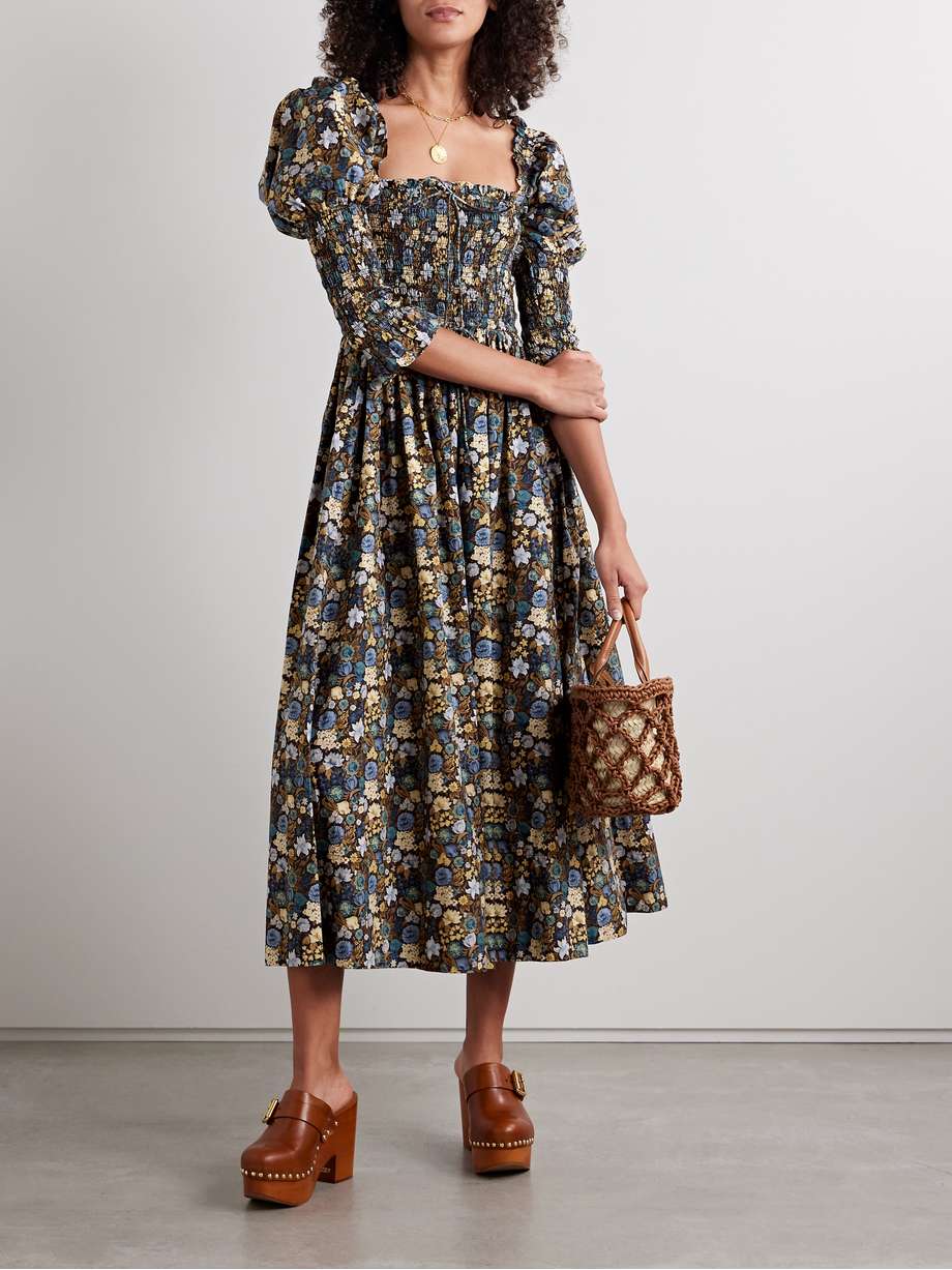 bijou shirred floral-print organic cotton-voile midi dress