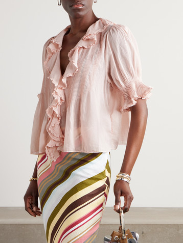 Dôen Henri lace-trimmed ruffled pintucked organic cotton-voile blouse