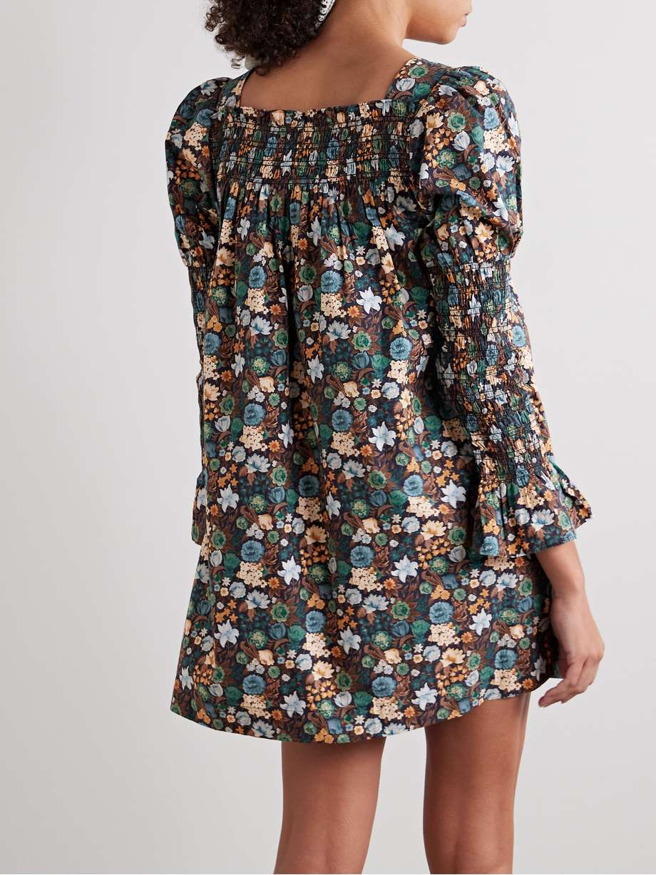 sabia shirred floral-print organic cotton-poplin mini dress
