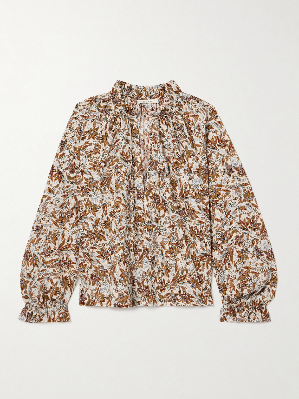 Doen Juna Tie-neck Floral-print Organic Cotton-voile Top In Brown