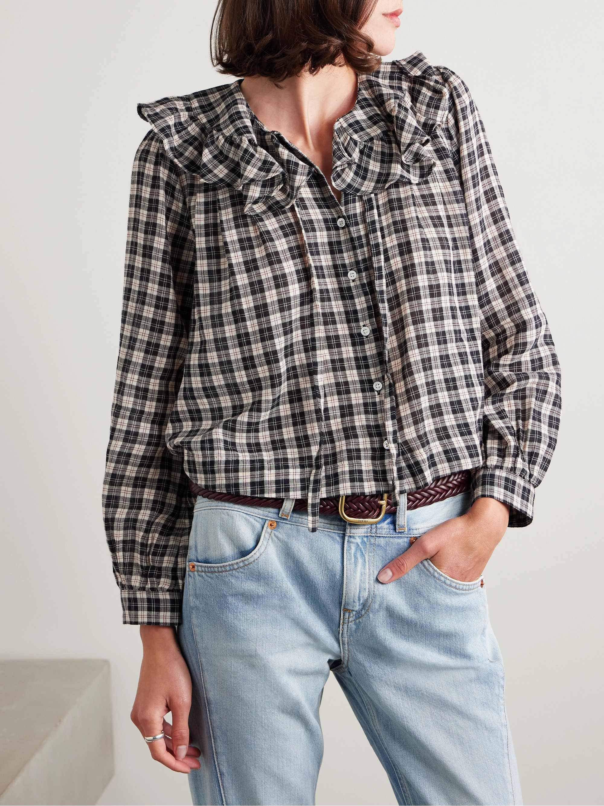 Dôen Joelle ruffled checked organic cotton top