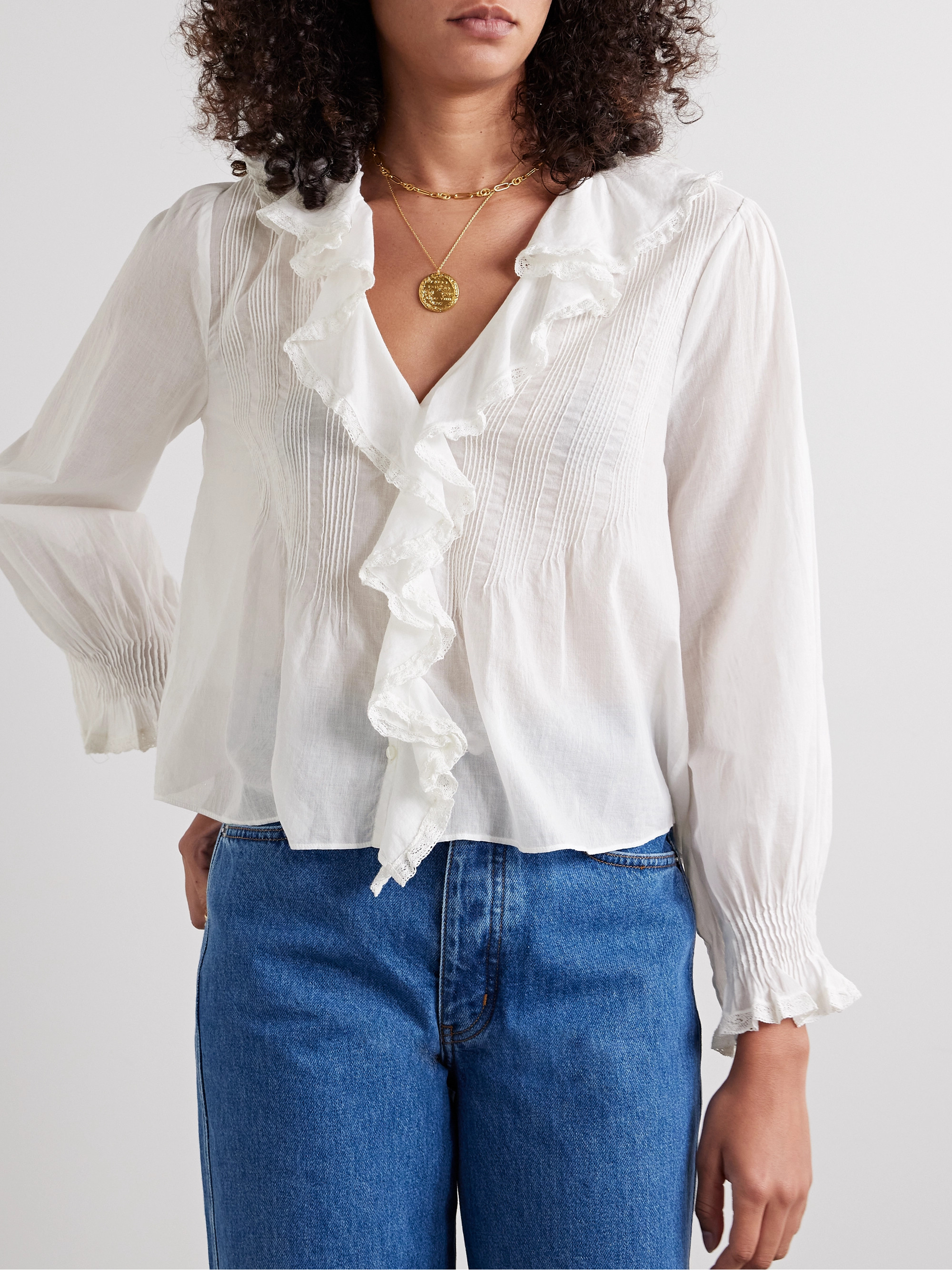 Dôen Hardy lace-trimmed ruffled pintucked organic cotton-voile blouse