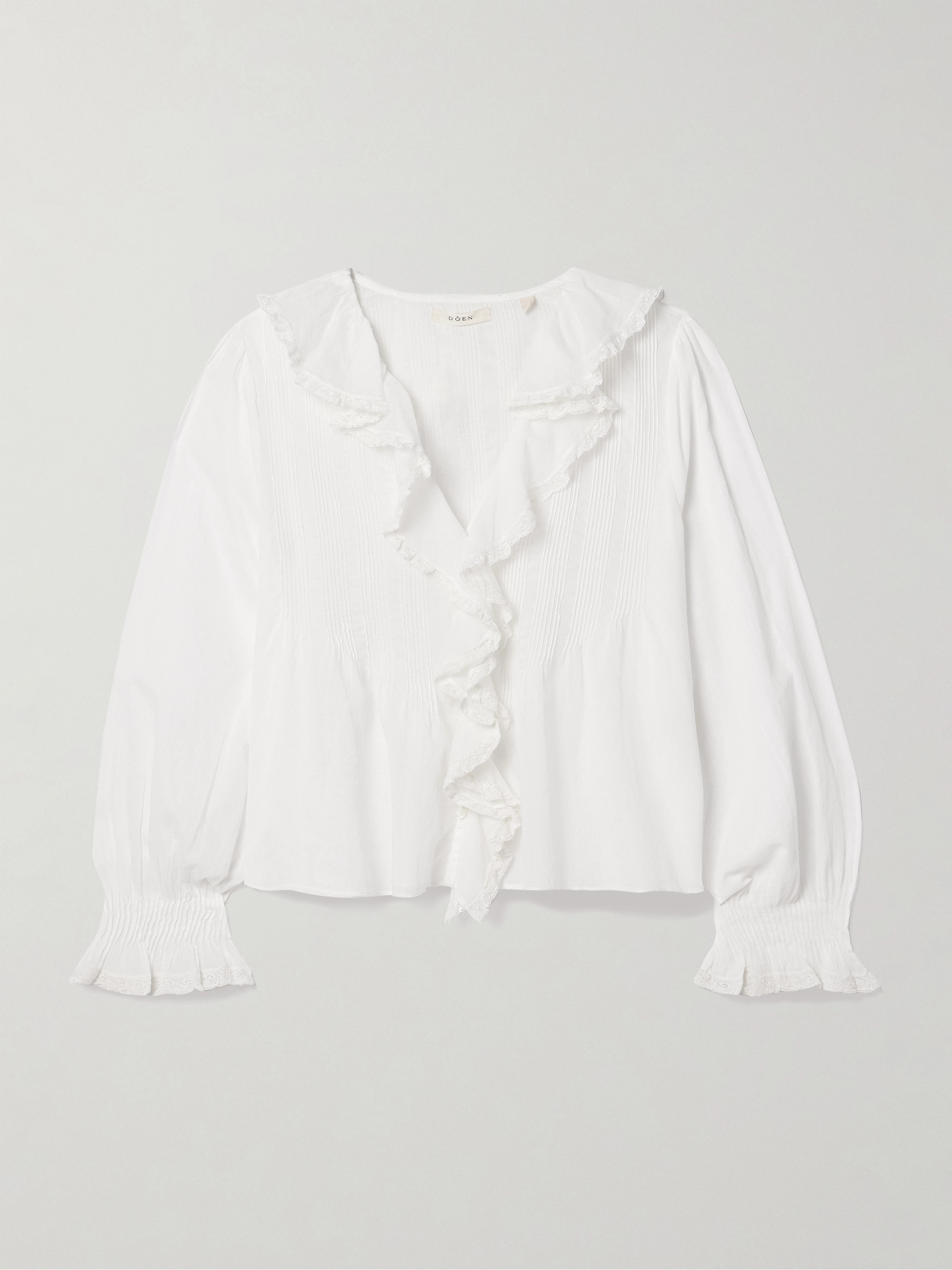 Dôen Hardy lace-trimmed ruffled pintucked organic cotton-voile blouse