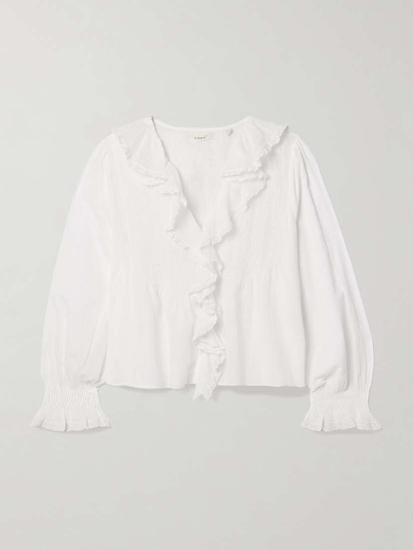 DÔEN Hardy Lace-trimmed Ruffled Pintucked Organic Cotton-voile Blouse