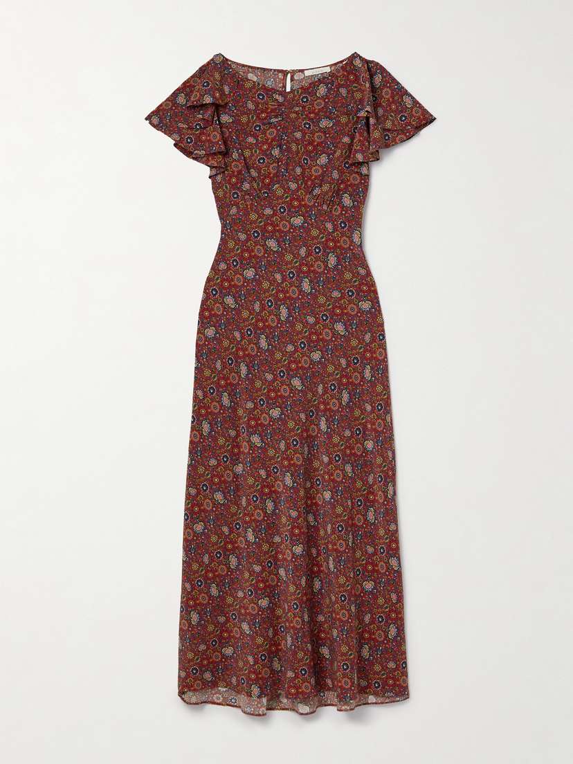 DÔEN Beatriz Ruffled Printed Silk Crepe De Chine Midi Dress