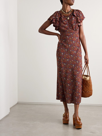 Dôen Beatriz ruffled printed silk crepe de chine midi dress