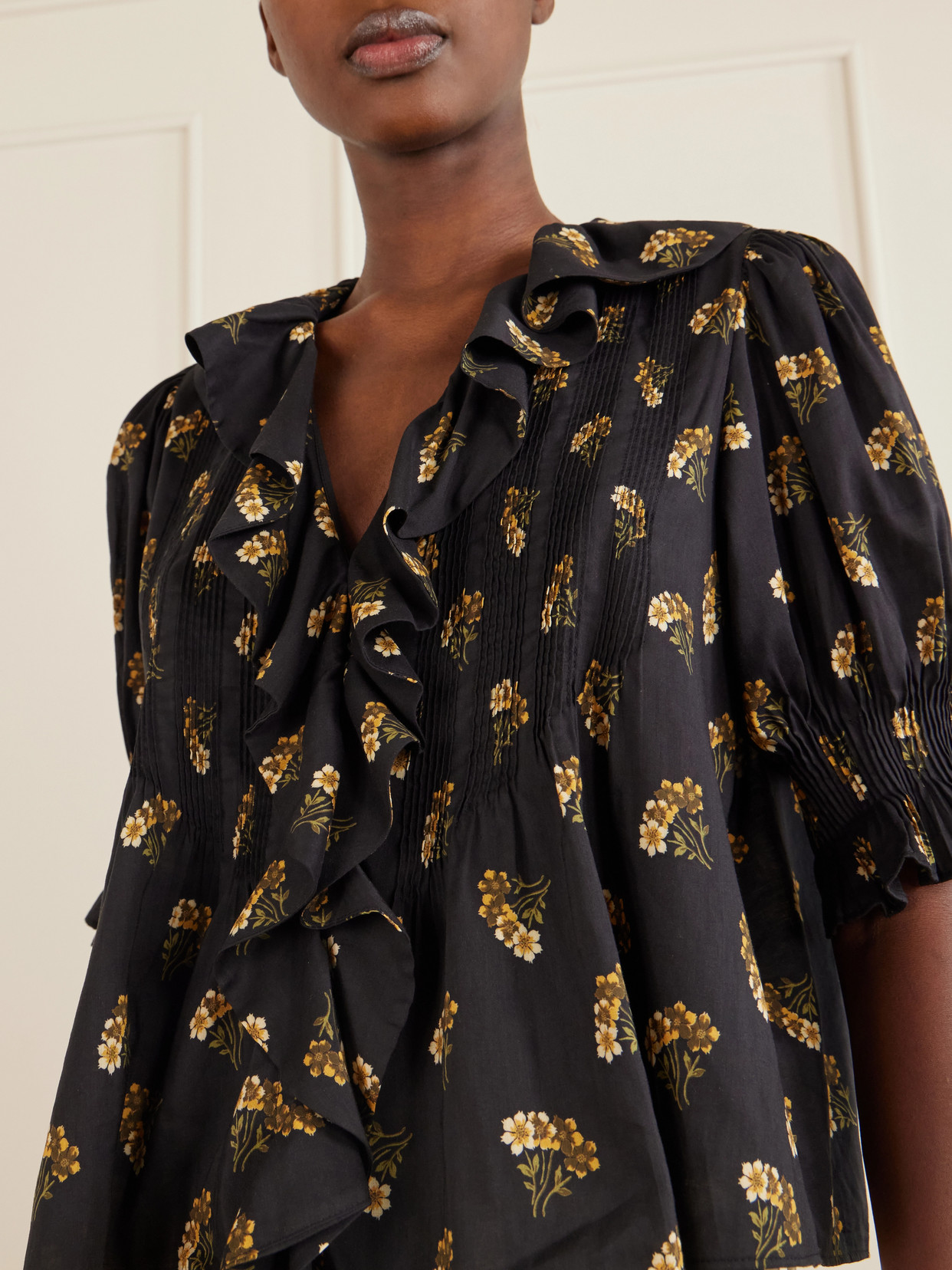 Dôen - Henri Ruffled Pintucked Floral-Print Organic Cotton-Blend Voile Top
