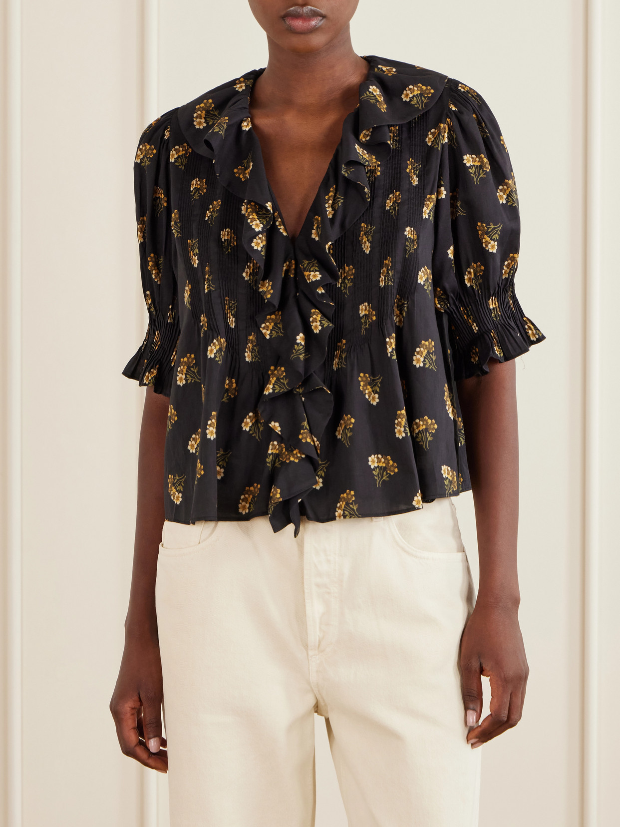 Dôen - Henri Ruffled Pintucked Floral-Print Organic Cotton-Blend Voile Top