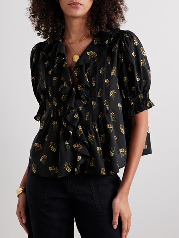 Dôen Henri ruffled pintucked floral-print organic cotton-blend voile top