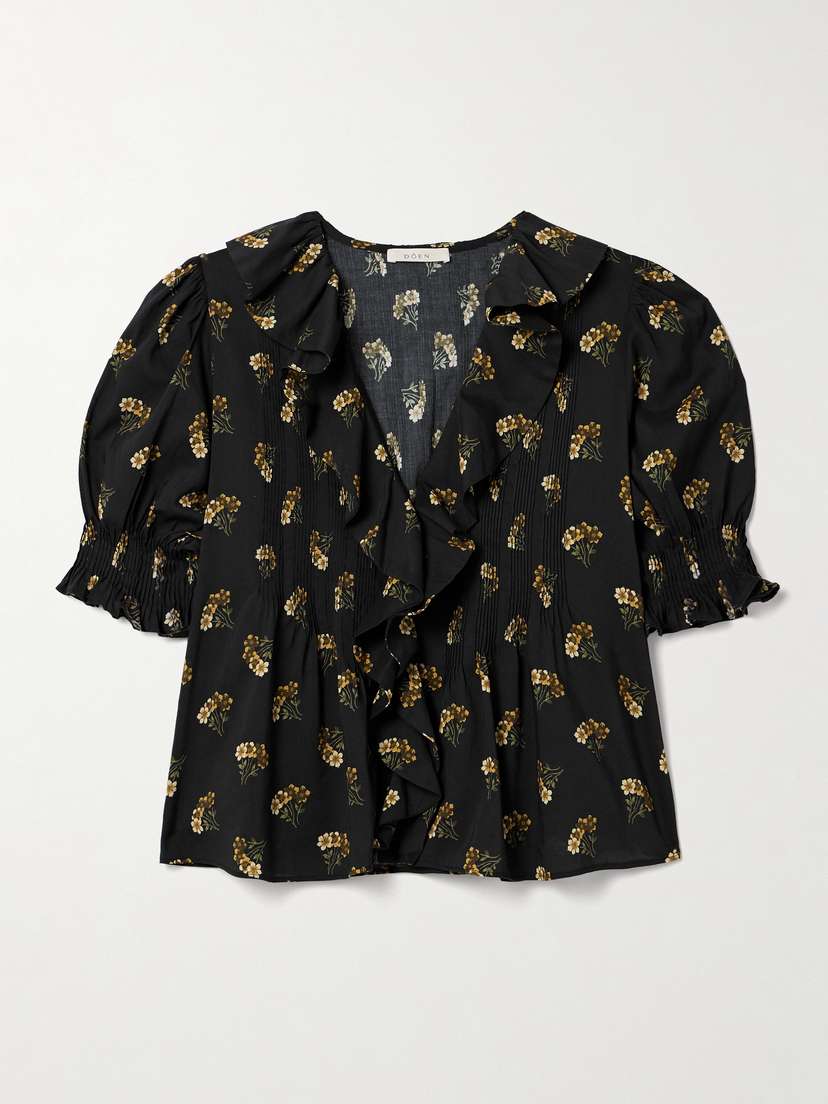 DÔEN Henri Ruffled Pintucked Floral-print Organic Cotton-blend Voile Top