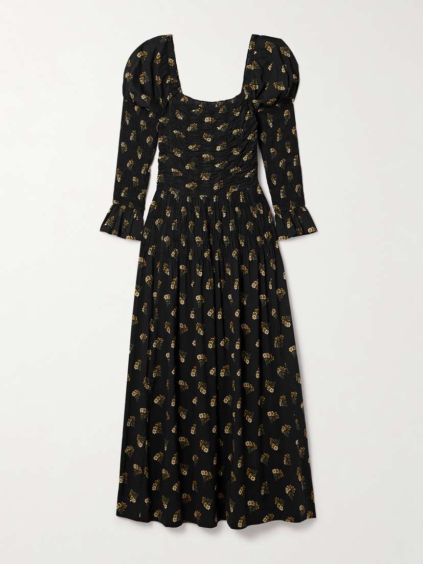 DÔEN Wilmina Shirred Floral-print Cotton-blend Maxi Dress