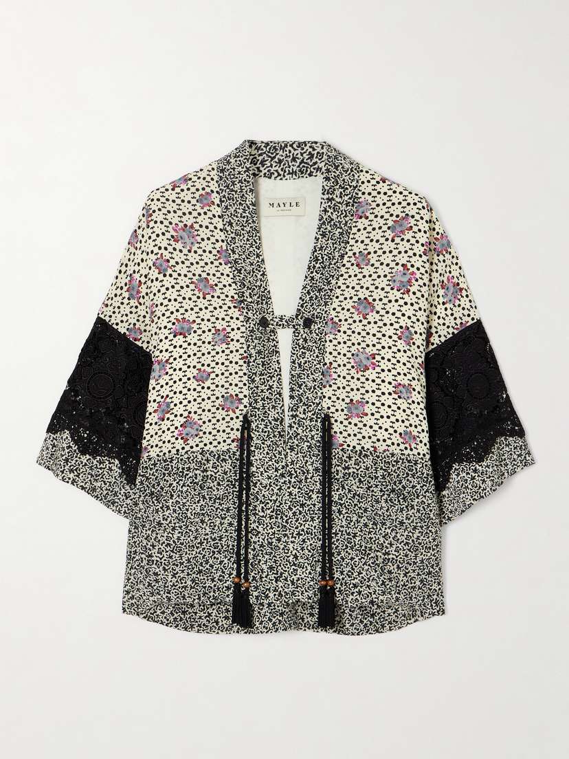 MAISON MAYLE Sunset Tasselled Floral-print Lace-trimmed Silk Crepe De Chine Jacket