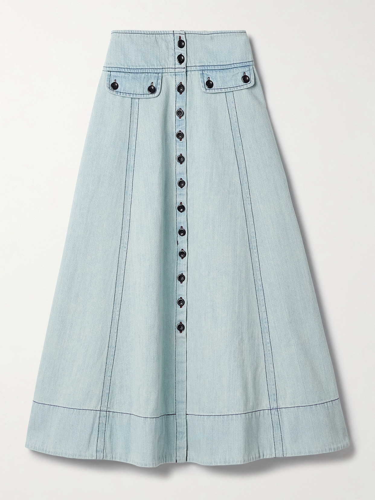 Maison Mayle Carlyne Paneled Denim Midi Skirt In Blue