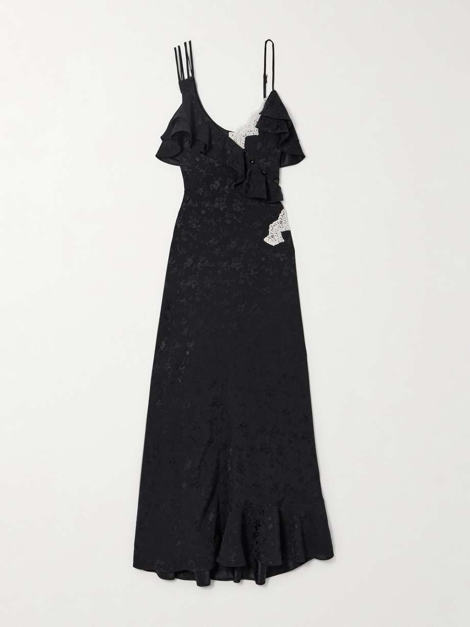 izadora ruffled guipure lace-trimmed silk-jacquard maxi dress