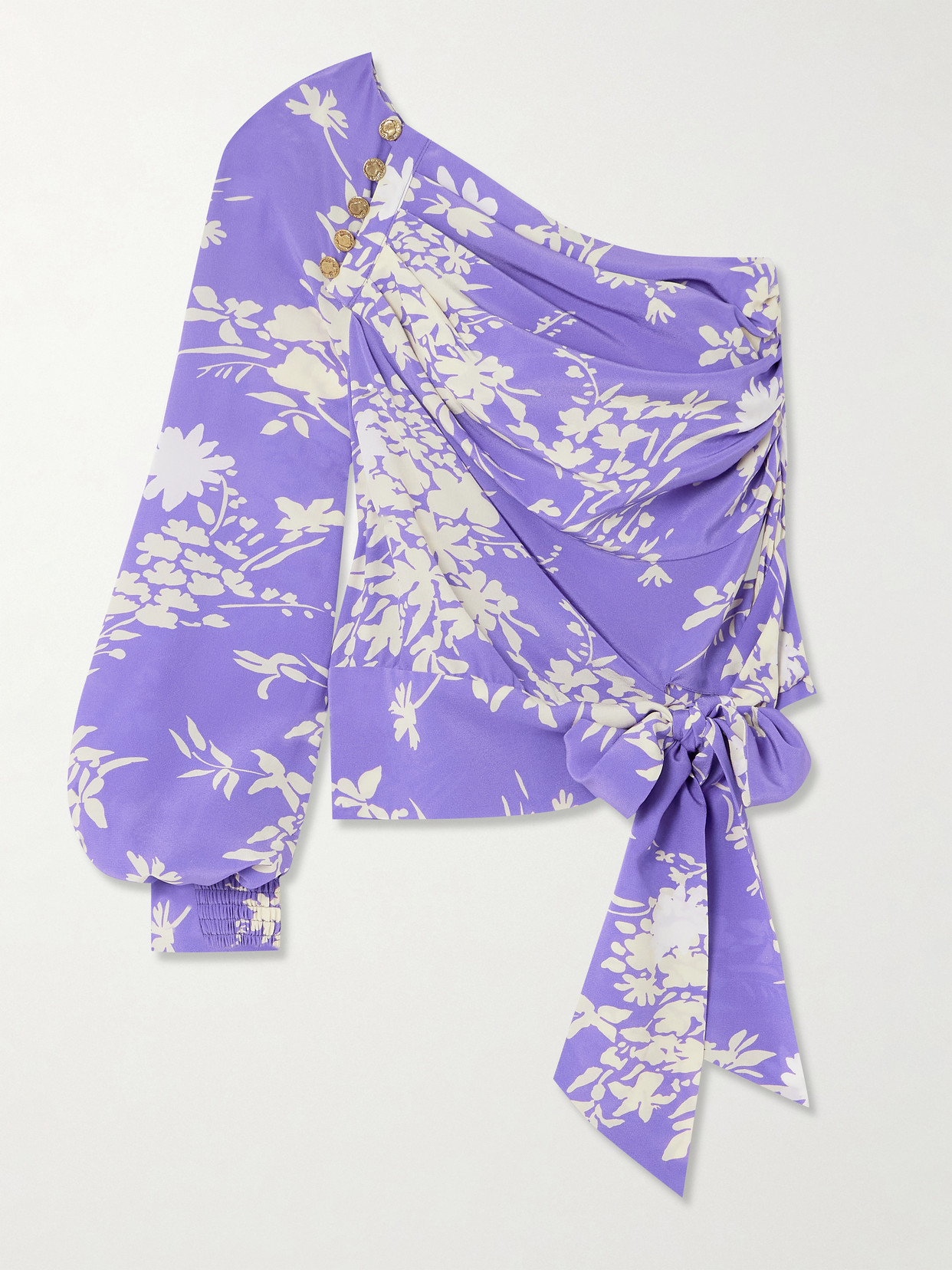 Maison Mayle Solange One-shoulder Draped Floral-print Silk Crepe De Chine Top In Purple