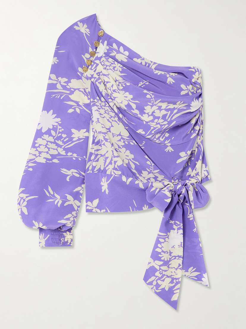 MAISON MAYLE Solange One-shoulder Draped Floral-print Silk Crepe De Chine Top