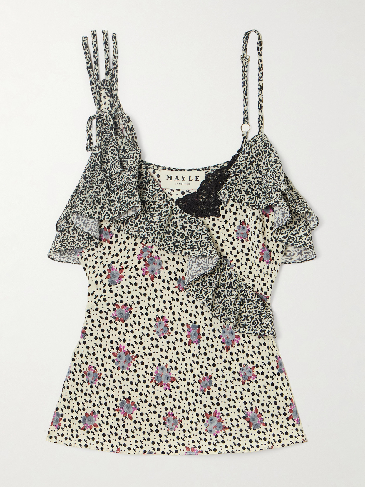 Maison Mayle Izadora Ruffled Floral-print Lace-trimmed Silk-jacquard Camisole In Multi