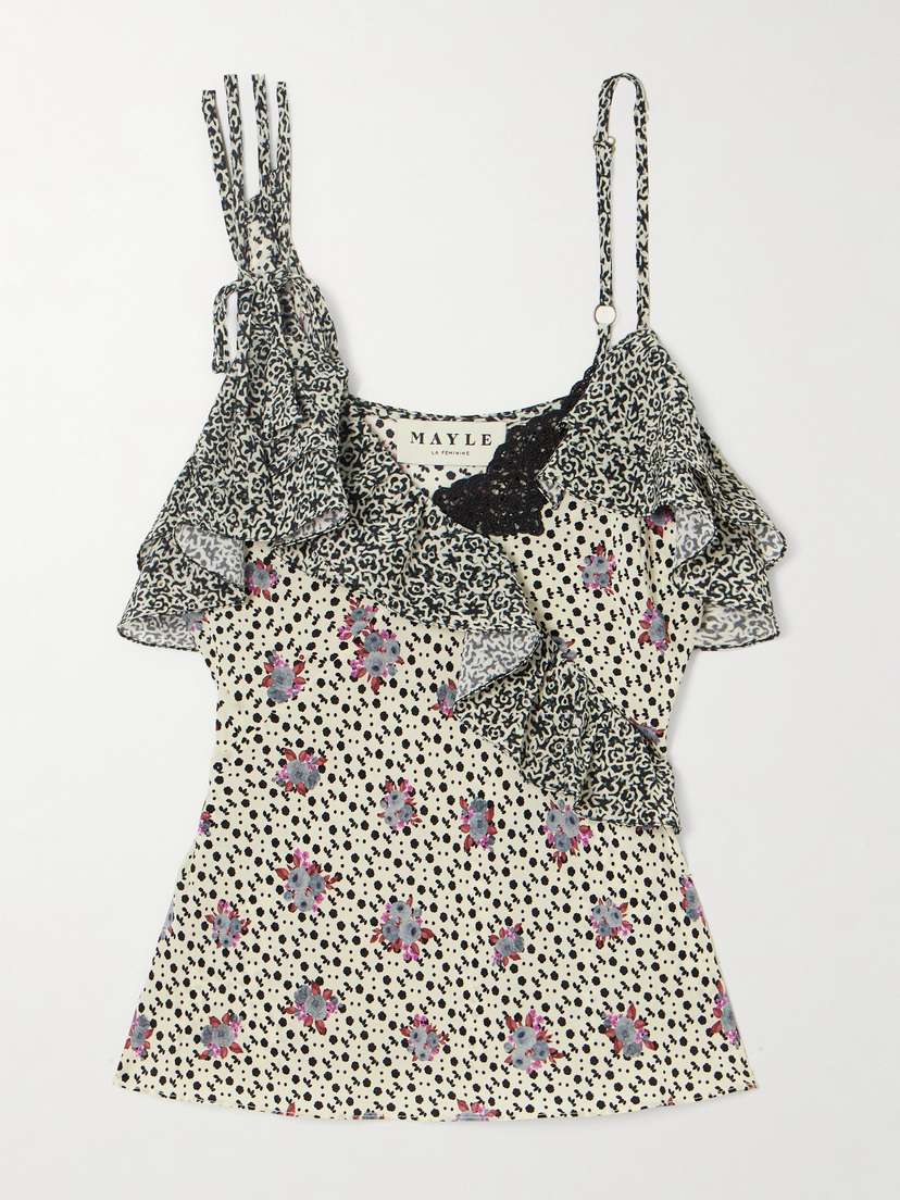 MAISON MAYLE Izadora Ruffled Floral-print Lace-trimmed Silk-jacquard Camisole
