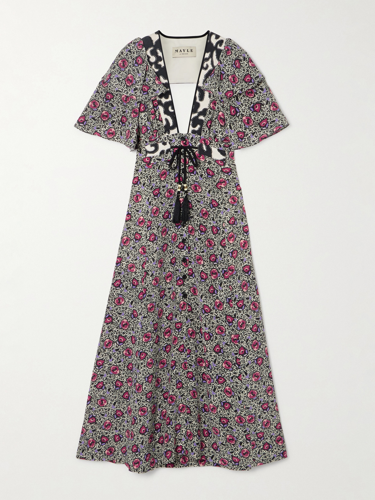 Maison Mayle Flora Mar Tasseled Floral-print Silk Crepe De Chine Midi Dress In Multi