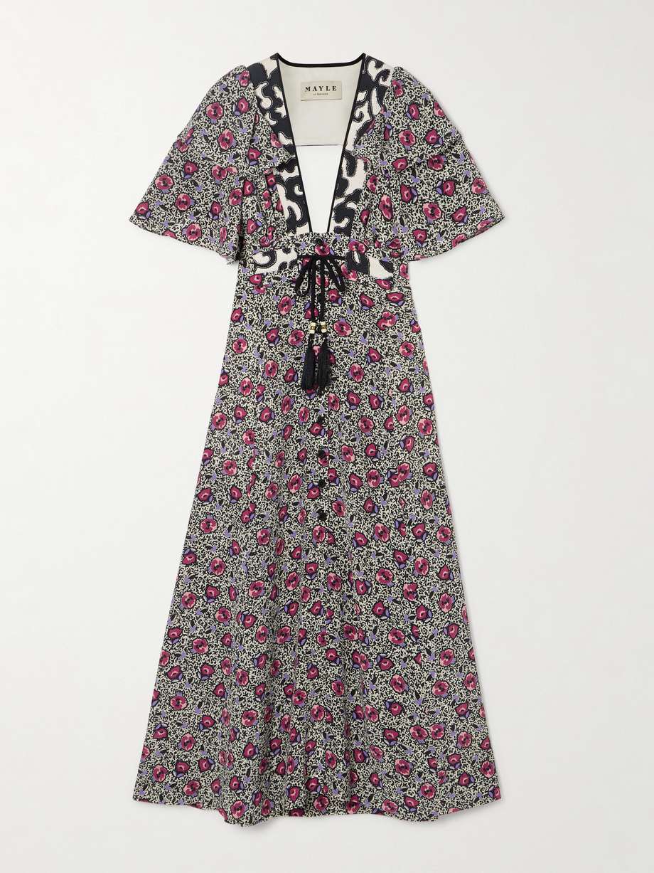 flora mar tasseled floral-print silk crepe de chine midi dress