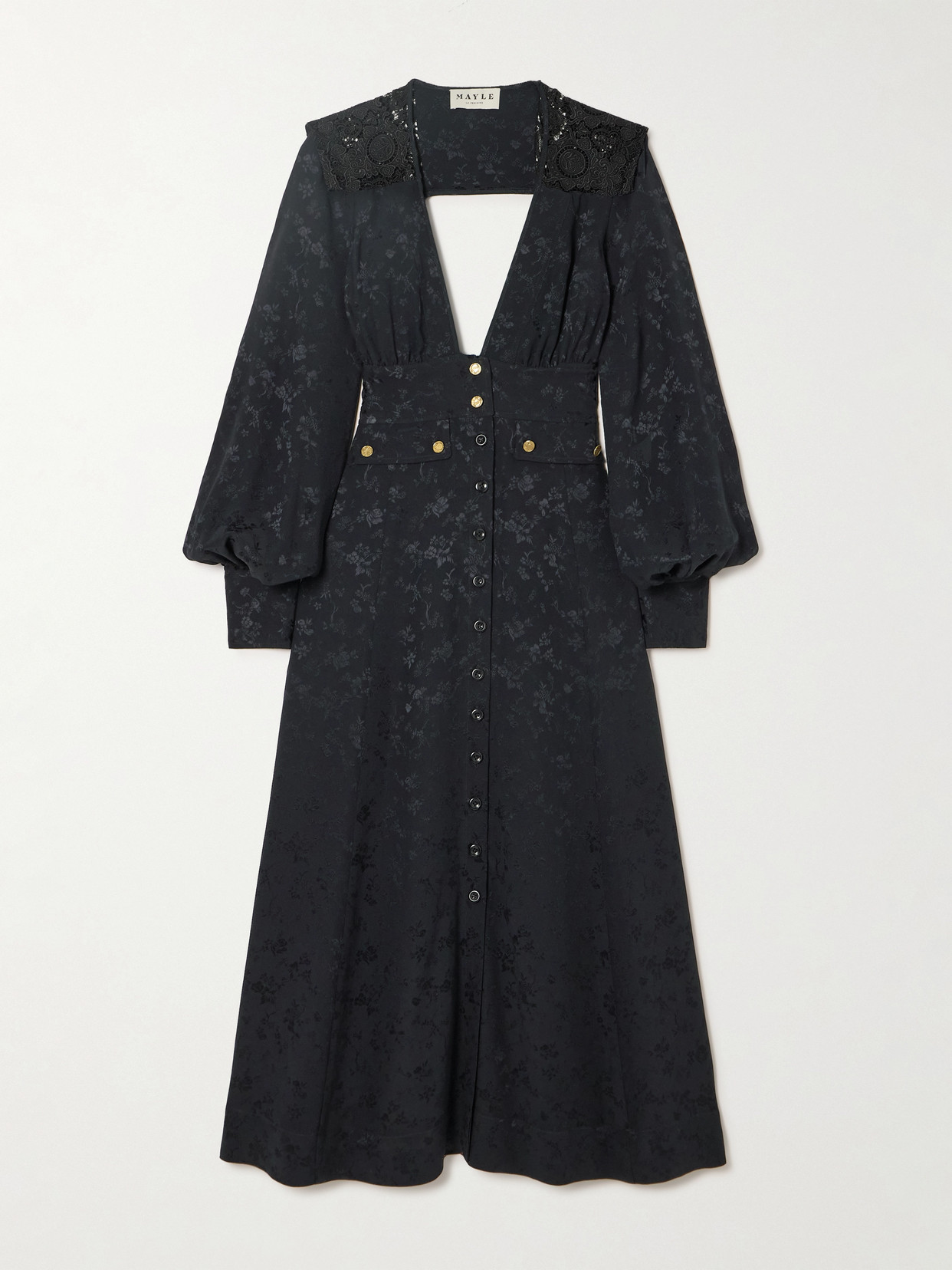 Maison Mayle Nerina Gathered Guipure Lace-trimmed Silk-jacquard Midi Dress In Black