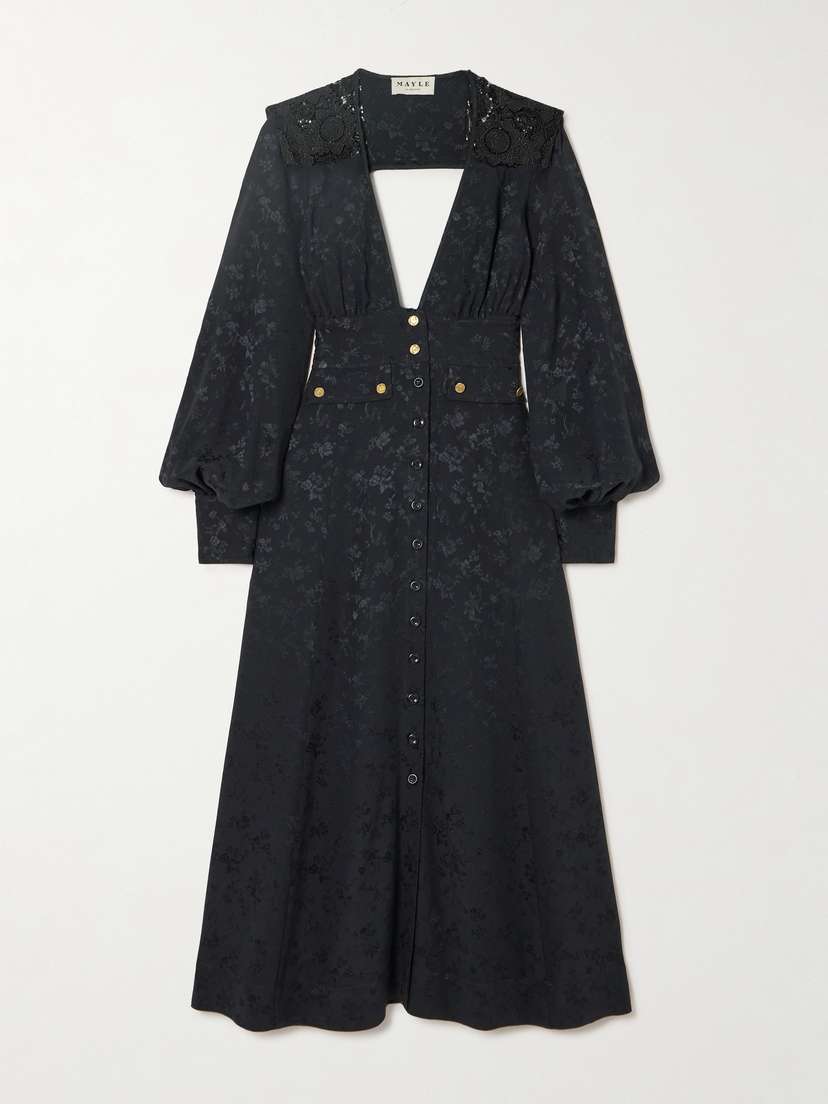 MAISON MAYLE Nerina Gathered Guipure Lace-trimmed Silk-jacquard Midi Dress