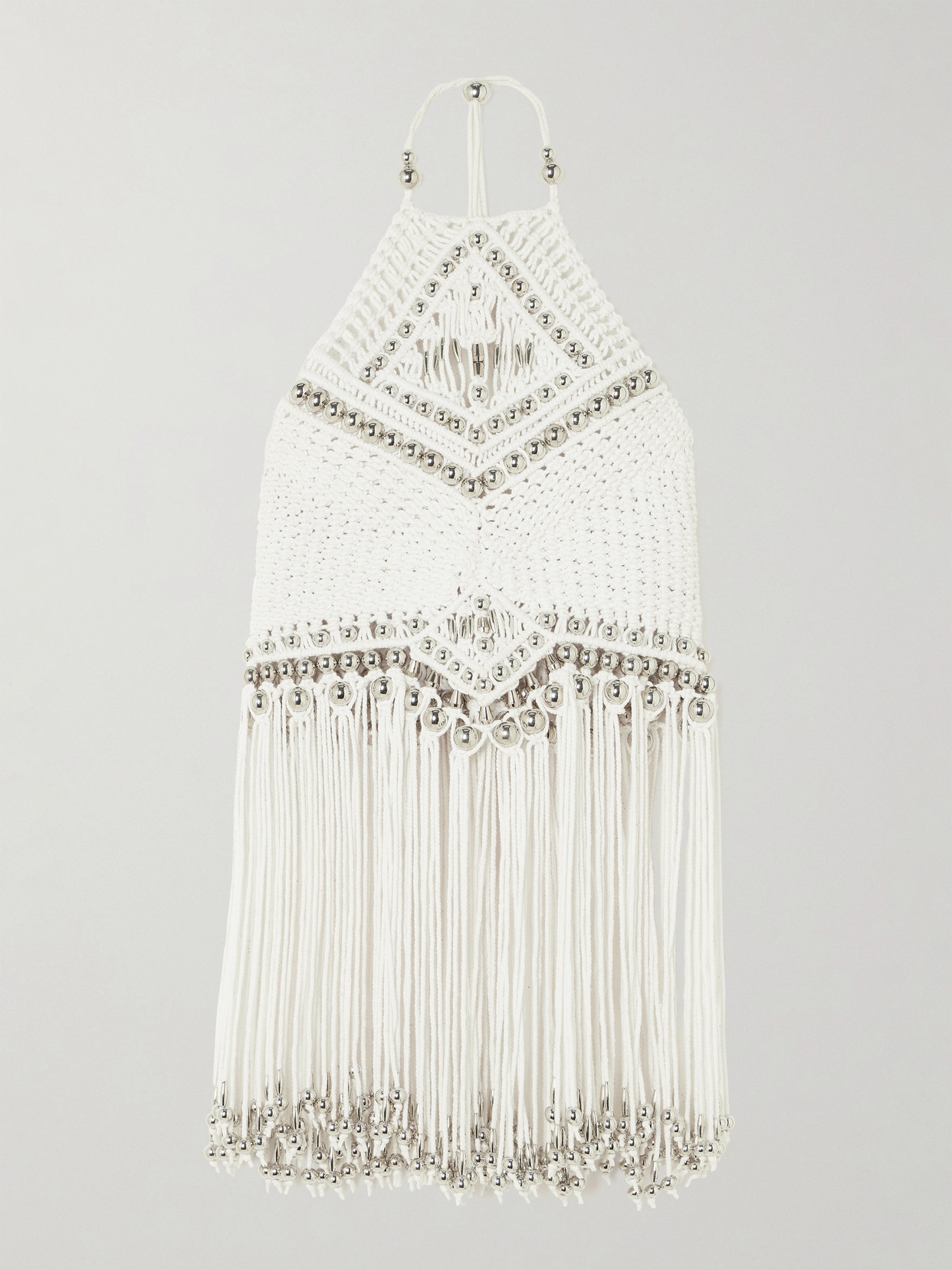 Rabanne Fringed Embellished Macramé Halterneck Top In White