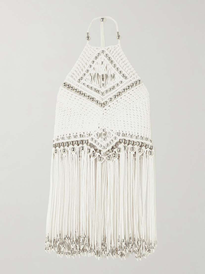 Rabanne Fringed Embellished Macramé Halterneck Top