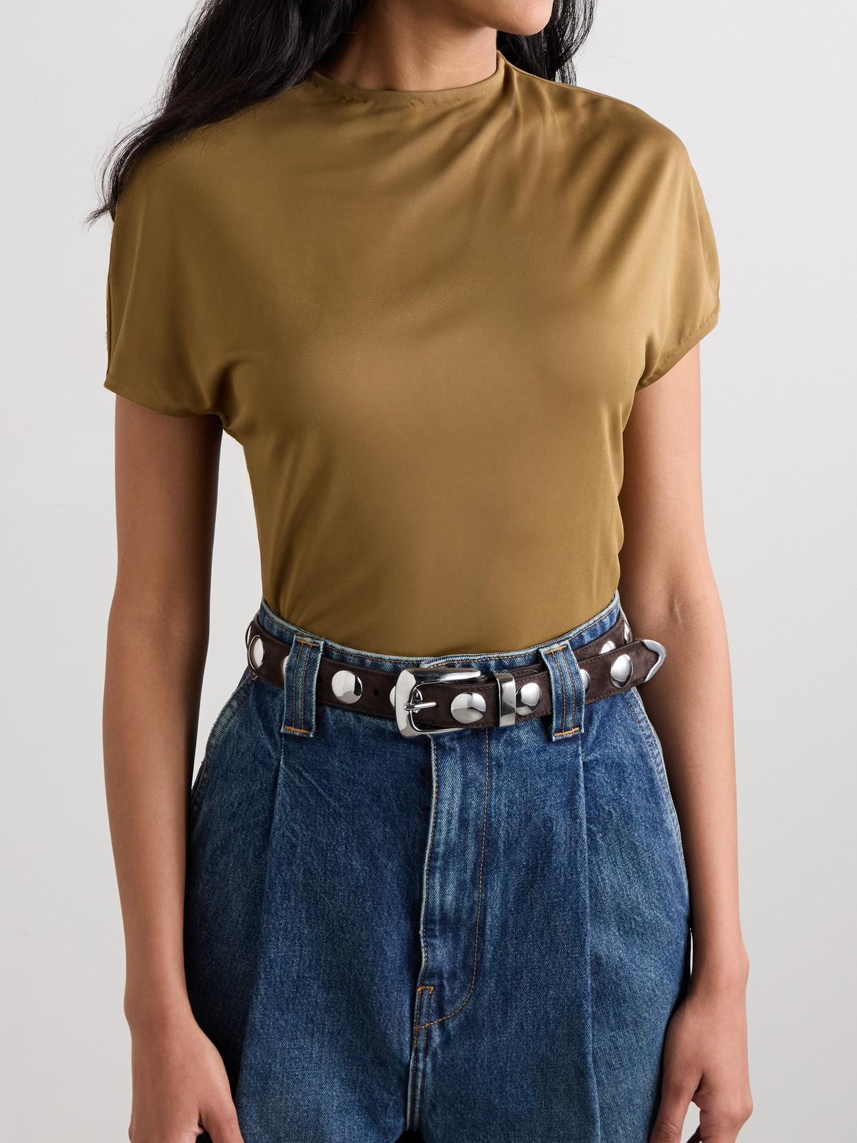 Shop Khaite Benny Studded Suede Belt In Brown