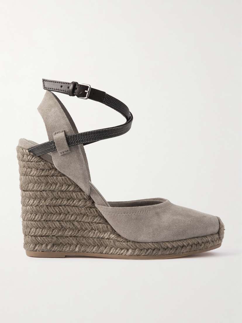 Brunello Cucinelli Bead-embellished Leather-trimmed Suede Espadrilles