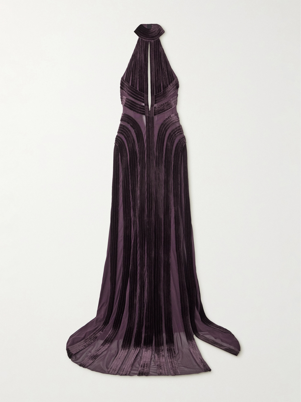 Tom Ford Open-back Cutout Paneled Tulle And Velvet Halterneck Gown In Purple
