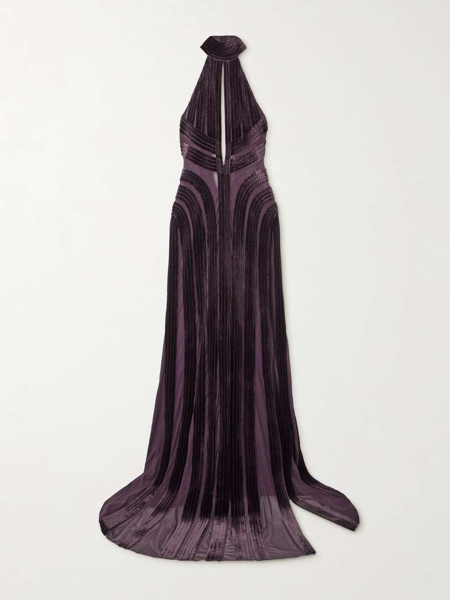 open-back cutout paneled tulle and velvet halterneck gown