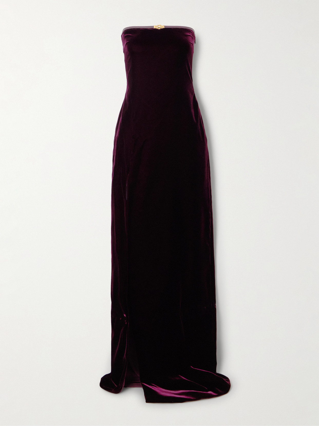 Tom Ford Strapless Embellished Leather-trimmed Velvet Gown In Burgundy