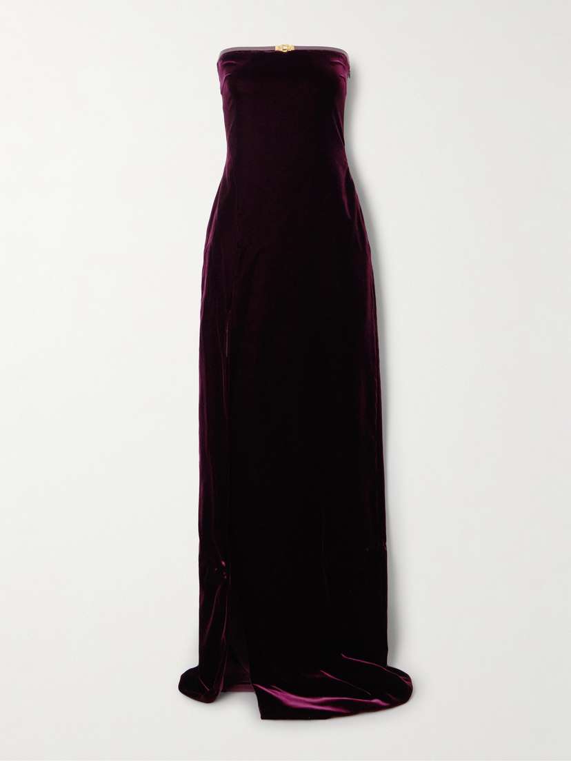 Tom Ford Strapless Embellished Leather-trimmed Velvet Gown