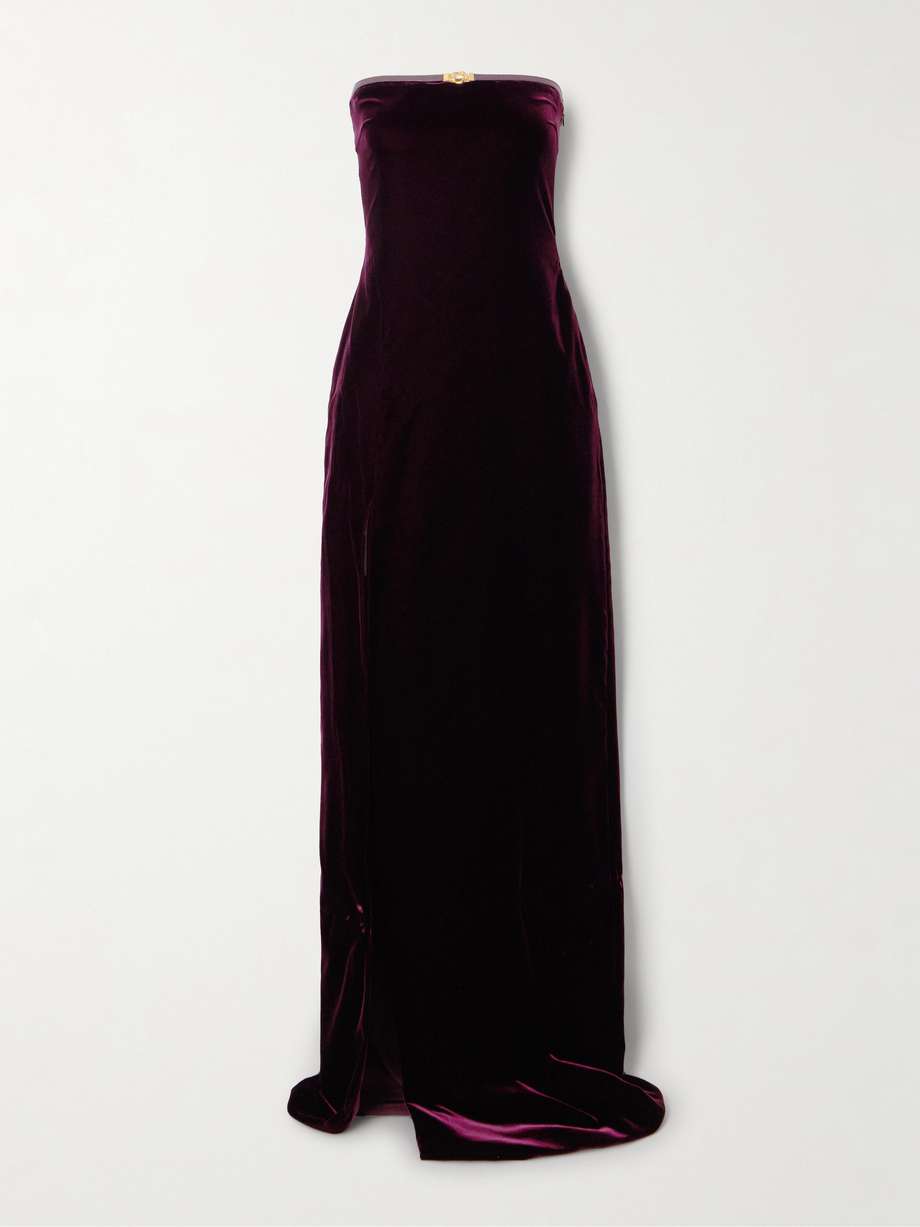 strapless embellished leather-trimmed velvet gown