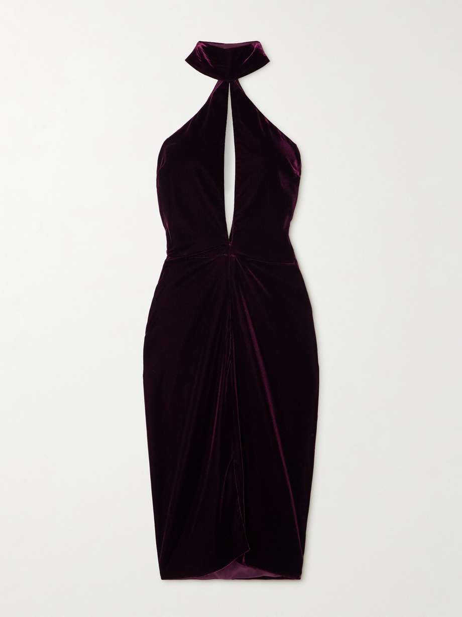 cutout draped velvet halterneck midi dress