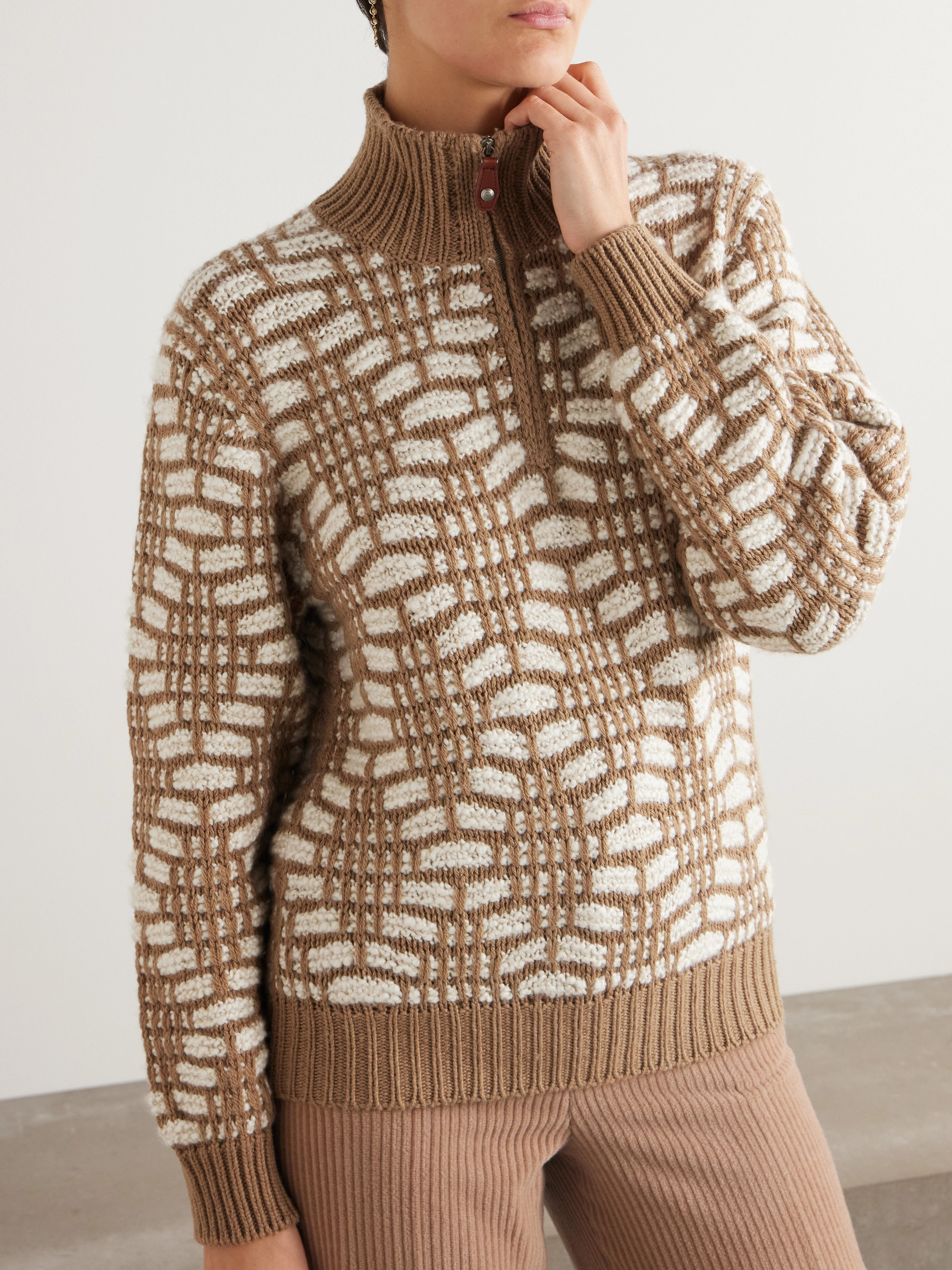 Loro Piana Jacquard-knit camel hair sweater
