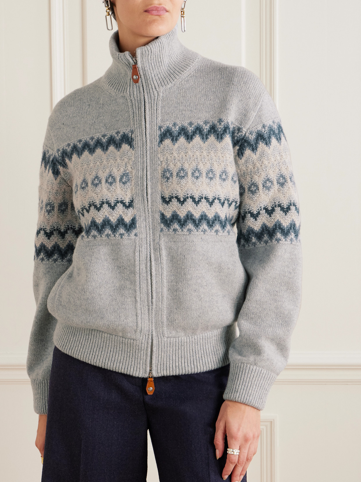 Loro Piana Fair Isle Cashmere Cardigan In Blue