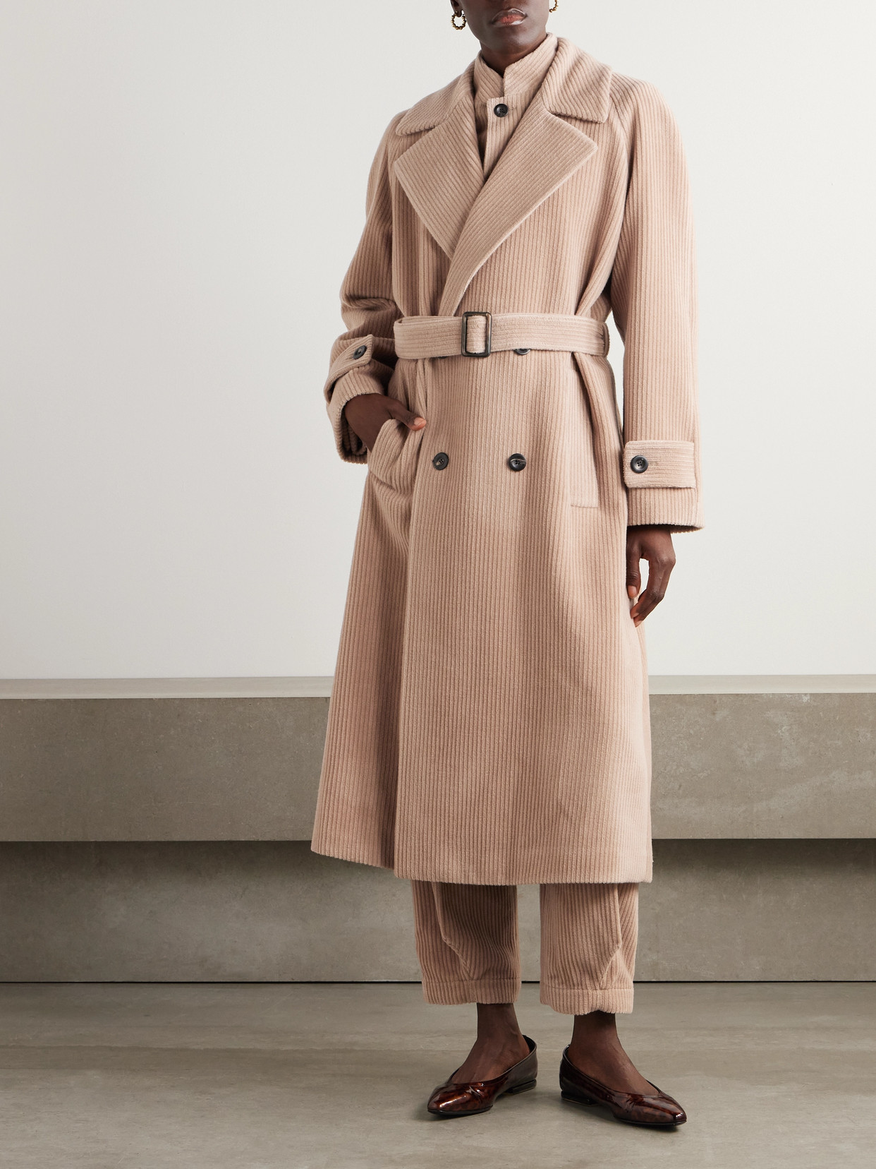 Loro Piana Double-breasted Belted Cashmere-corduroy Coat In Neutrals